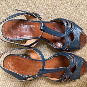 Elegant Navy Wedge Leather Sandals size 36